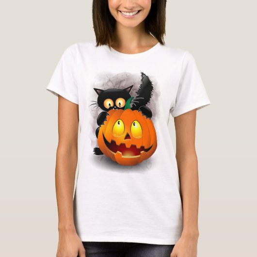 Cat Fun Halloween Character die op een pompoen tik T-shirt (Voorkant)