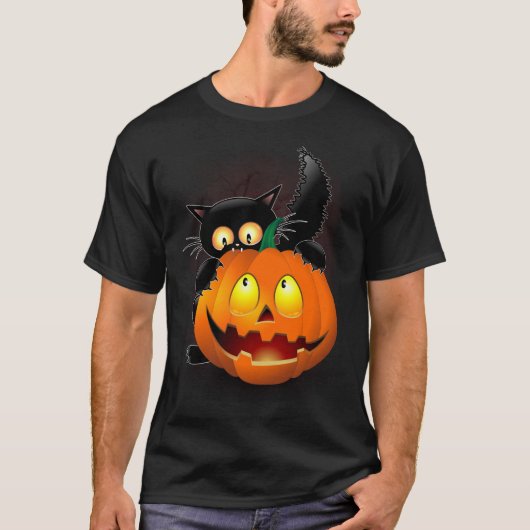 Cat Fun Halloween Character die op een pompoen tik T-shirt (Voorkant)