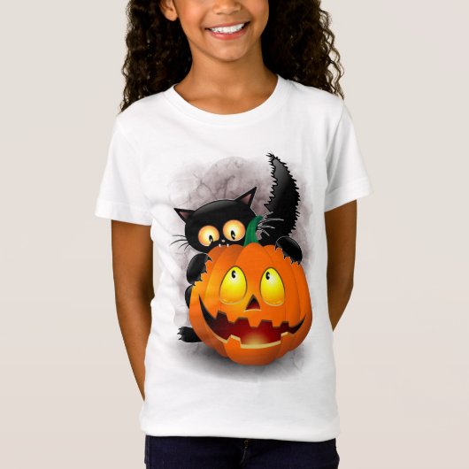 Cat Fun Halloween Character die op een pompoen tik T-shirt (Voorkant)