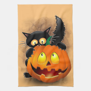 Cat Fun Halloween Character die op een pompoen tik Theedoek
