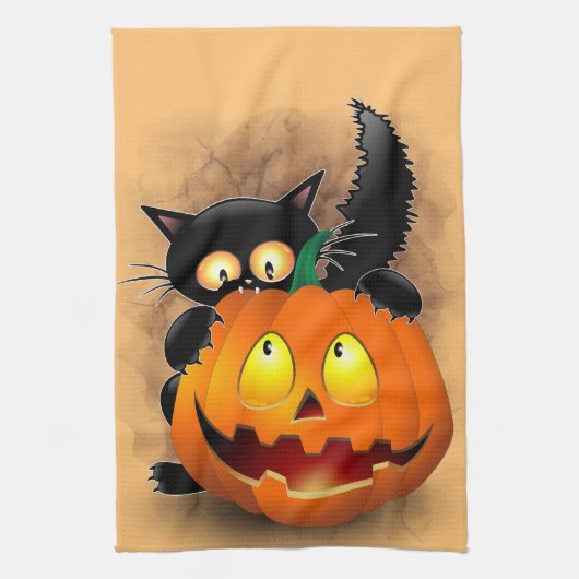 Cat Fun Halloween Character die op een pompoen tik Theedoek (Verticaal)