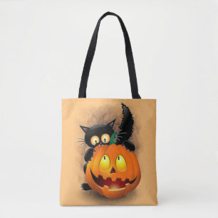 Cat Fun Halloween Character die op een pompoen tik Tote Bag