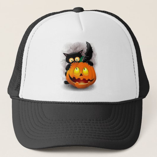 Cat Fun Halloween Character die op een pompoen tik Trucker Pet (Voorkant)