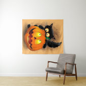 Cat Fun Halloween Character die op een pompoen tik Wandkleed (In Situ (horizontaal))