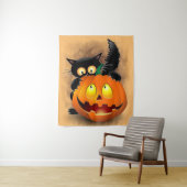 Cat Fun Halloween Character die op een pompoen tik Wandkleed (In situ)
