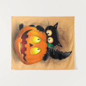 Cat Fun Halloween Character die op een pompoen tik Wandkleed (Voorkant (horizontaal))