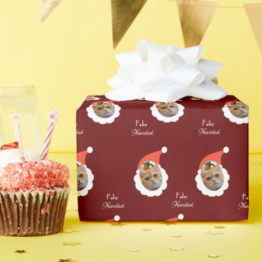 Cat Funny Face Vrolijk Kerstfeest Spaanse Foto Cadeaupapier (Verjaardagsfeest)