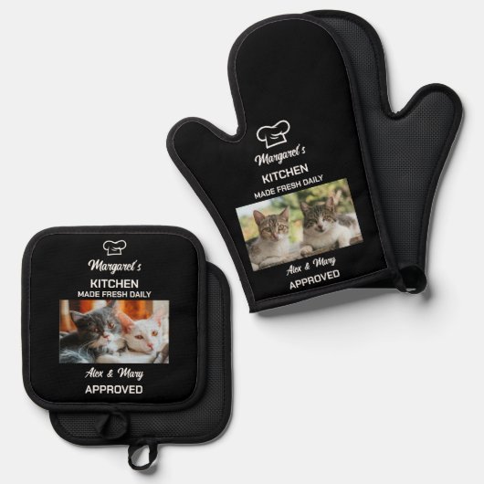 Cat Funny Kitchen Made Fresh Dagelijks Goedgekeurd Ovenwant & Pannenlap Set (Voorkant / Achterkant)