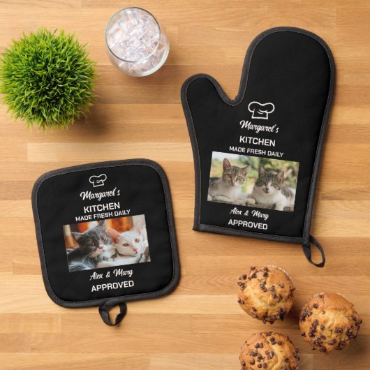 Cat Funny Kitchen Made Fresh Dagelijks Goedgekeurd Ovenwant & Pannenlap Set (Top down)