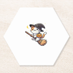 Cat Funny Witch Halloween Kostuum Bezem Stick Jong Kartonnen Onderzetters
