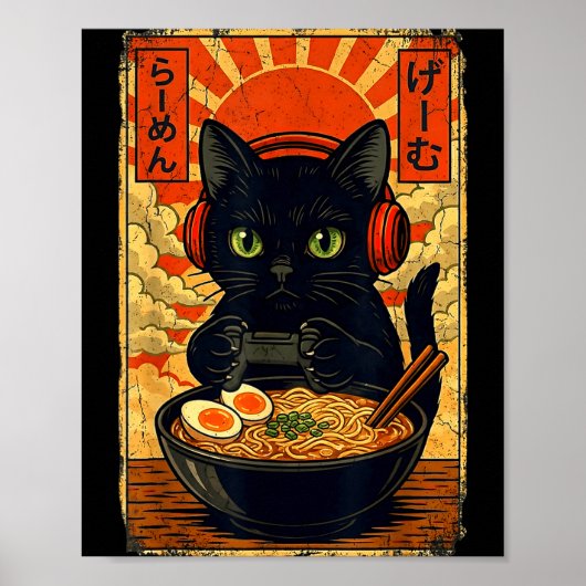 Cat Gamer Men Anime Kawaii Funny Gaming Headset Ca Poster (Voorkant)