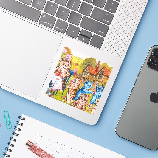 Cat Garden Party Sticker (Laptop met iPhone)