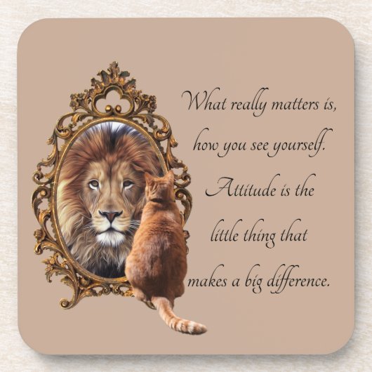 Cat Gazing Mirror Lion Inspirerend tekst  Bier Onderzetter (Voorkant)