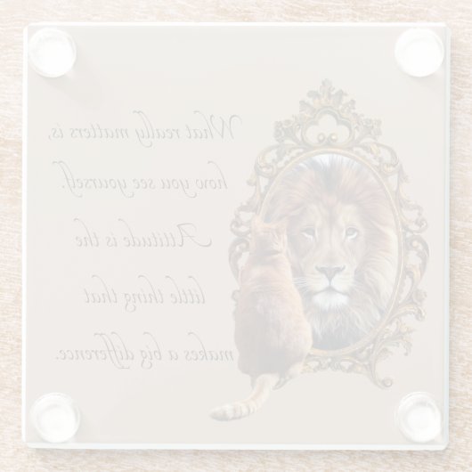 Cat Gazing Mirror Lion Inspirerend tekst  Glazen Onderzetter (Achterkant)