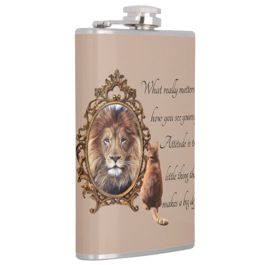 Cat Gazing Mirror Lion Inspirerend tekst  Heupfles (Rechts)