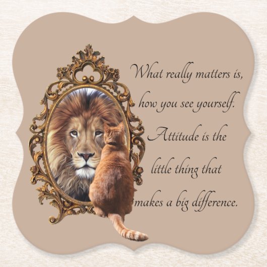 Cat Gazing Mirror Lion Inspirerend tekst  Kartonnen Onderzetters (Voorkant)