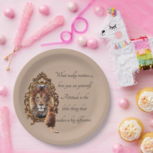 Cat Gazing Mirror Lion Inspirerend tekst  Papieren Bordje (Feest)