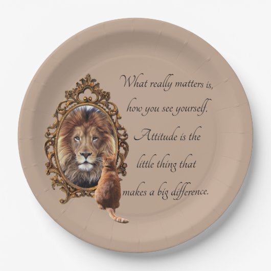 Cat Gazing Mirror Lion Inspirerend tekst  Papieren Bordje (Voorkant)
