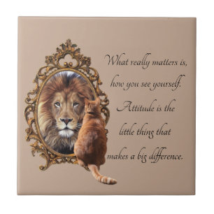 Cat Gazing Mirror Lion Inspirerend tekst  Tegeltje