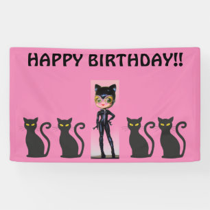 CAT GIRL BIRTHDAY BANNER, PERSONALIZE SPANDOEK