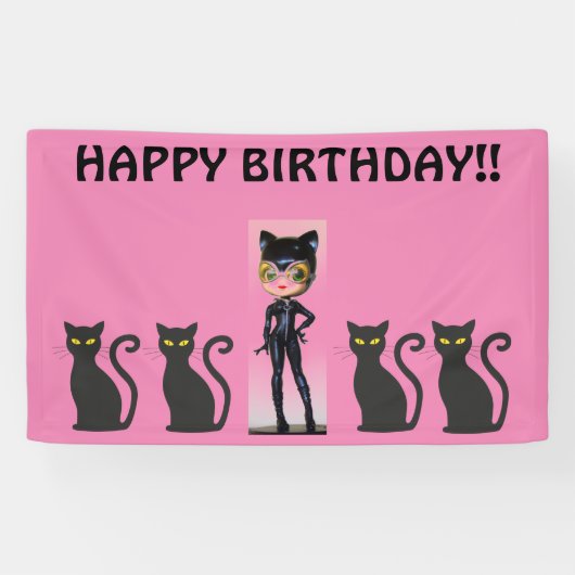 CAT GIRL BIRTHDAY BANNER, PERSONALIZE SPANDOEK (Horizontaal)
