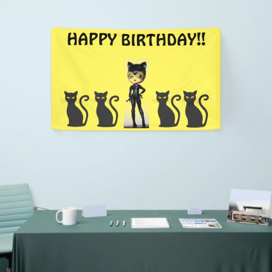 CAT GIRL BIRTHDAY BANNER, PERSONALIZE SPANDOEK (Beurs)