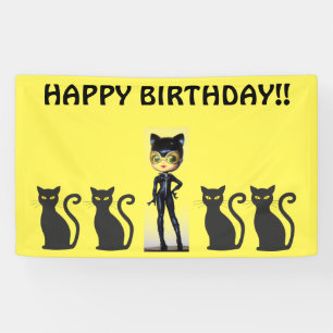 CAT GIRL BIRTHDAY BANNER, PERSONALIZE SPANDOEK