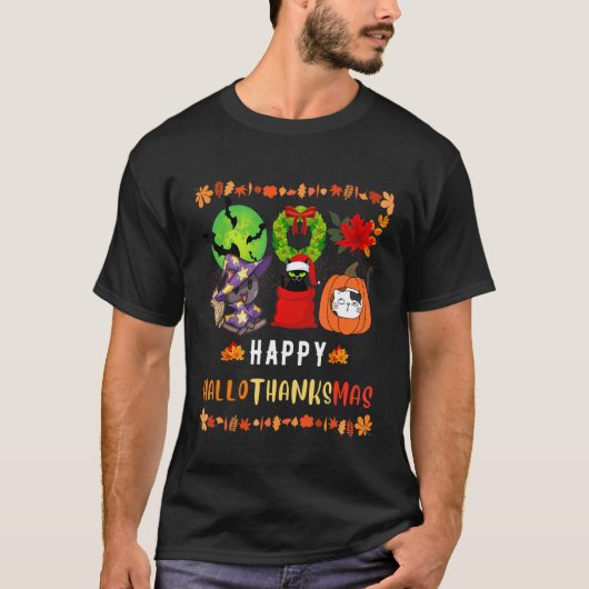 Cat Halloween Christmas Happy Hallothanksmas Thank T-shirt (Voorkant)