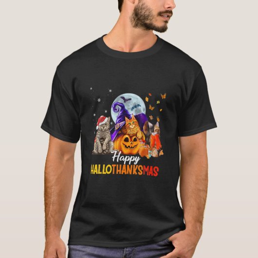 Cat Halloween en Merry KerstHappy HhalDankjewel T-shirt (Voorkant)