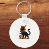 Cat Halloween Funny Spooky Seizoen Cat Witch Pumpk Sleutelhanger (Voorkant)