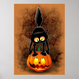 Cat Halloween Scared Cartoon Character op Poster