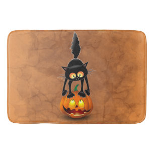 Cat Halloween Scared Cartoon op pompoen Badmat
