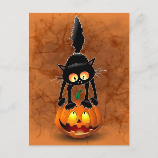 Cat Halloween Scared Cartoon op pompoen Briefkaart (Voorkant)