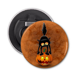 Cat Halloween Scared Cartoon op pompoen Button Flesopener