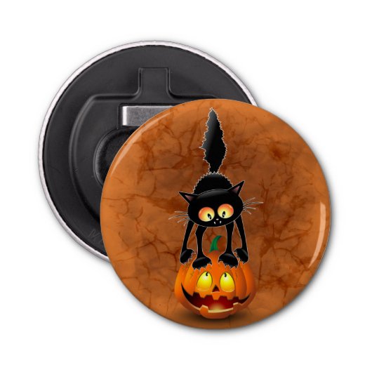 Cat Halloween Scared Cartoon op pompoen Button Flesopener (Voorkant)