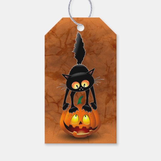Cat Halloween Scared Cartoon op pompoen Cadeaulabel (Voorkant)