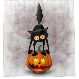 Cat Halloween Scared Cartoon op pompoen Douchegordijn