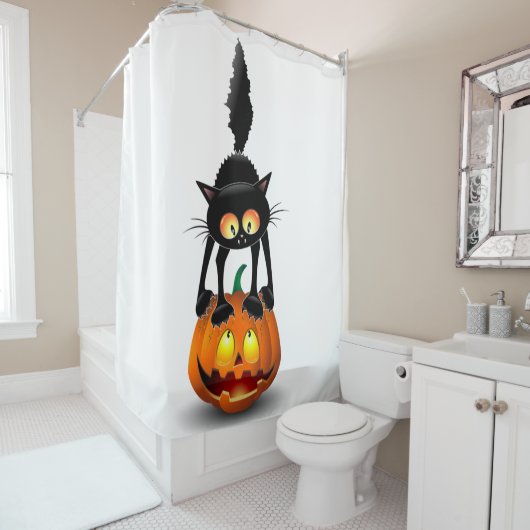 Cat Halloween Scared Cartoon op pompoen Douchegordijn (In situ)