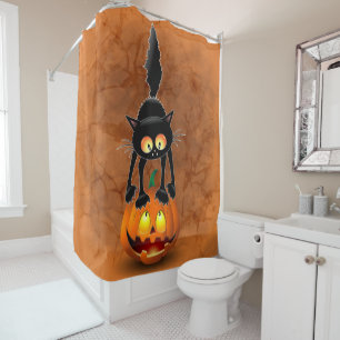Cat Halloween Scared Cartoon op pompoen Douchegordijn
