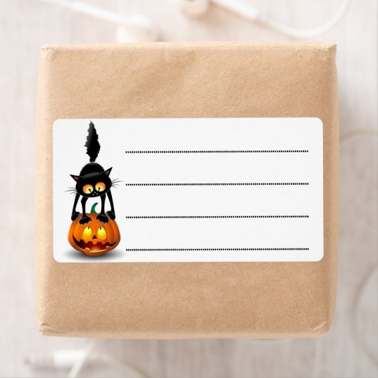 Cat Halloween Scared Cartoon op pompoen Etiket (Insitu)