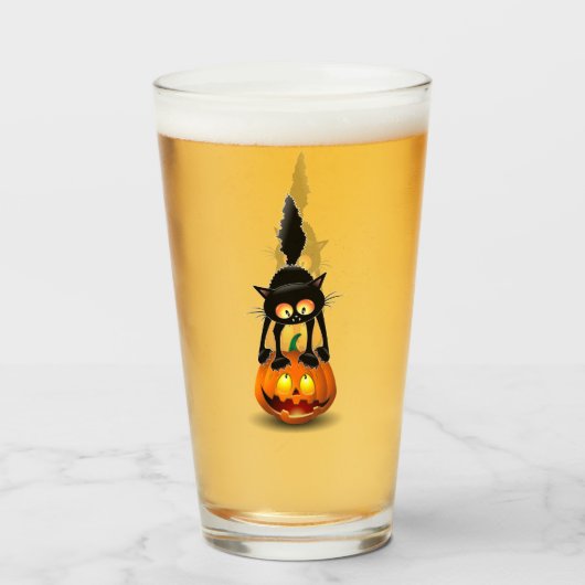 Cat Halloween Scared Cartoon op pompoen Glas (Voorkant gevuld)