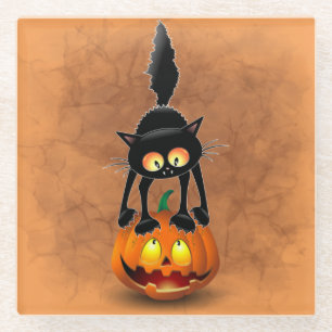 Cat Halloween Scared Cartoon op pompoen Glazen Onderzetter