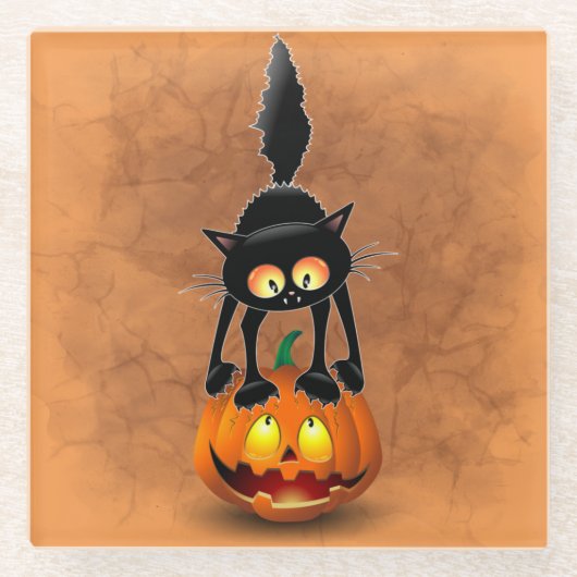 Cat Halloween Scared Cartoon op pompoen Glazen Onderzetter (Voorkant)
