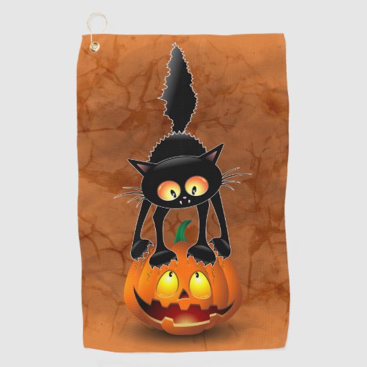 Cat Halloween Scared Cartoon op pompoen Golfhanddoek (Voorkant)
