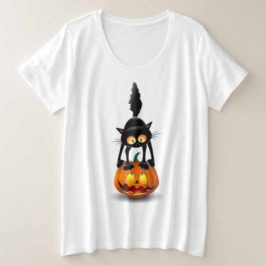 Cat Halloween Scared Cartoon op pompoen Grote Maat T-shirt (Design voorkant)