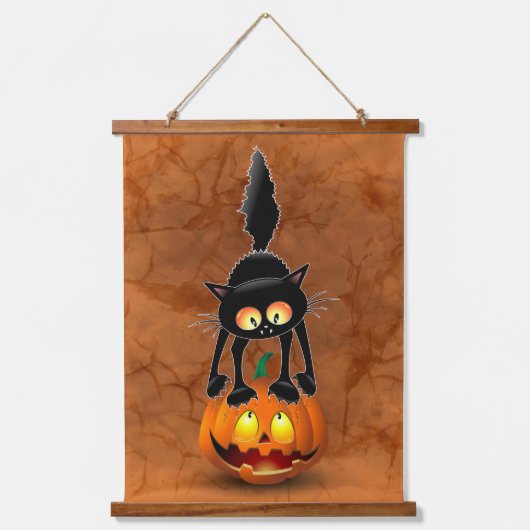 Cat Halloween Scared Cartoon op pompoen Hangend Wandkleed (Voorkant)