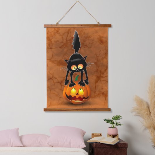 Cat Halloween Scared Cartoon op pompoen Hangend Wandkleed (Slaapkamer)