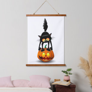 Cat Halloween Scared Cartoon op pompoen Hangend Wandkleed