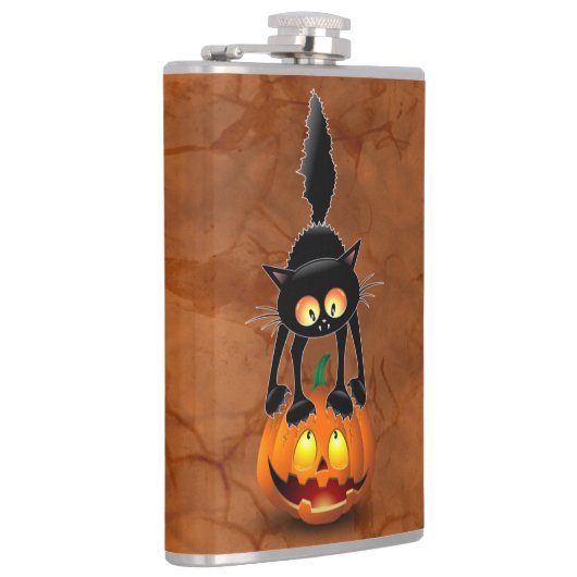 Cat Halloween Scared Cartoon op pompoen Heupfles (Rechts)