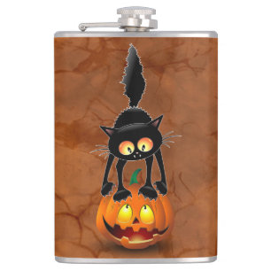 Cat Halloween Scared Cartoon op pompoen Heupfles